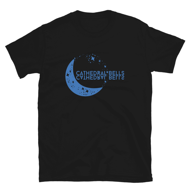 Black t-shirt with blue graphic and text on a white background